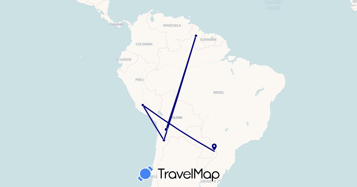 TravelMap itinerary: driving in Argentina, Bolivia, Chile, Guyana, Peru (South America)